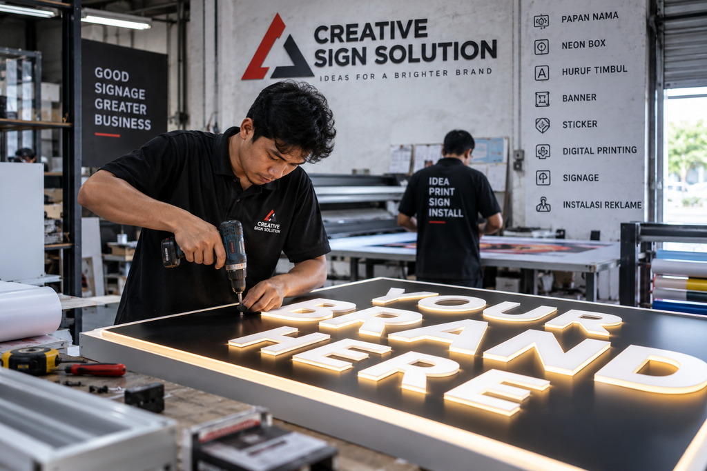 Proses produksi papan nama di workshop reklame
